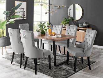 Furniturebox Kylo Large Brown Wood Effect Dining Table & 6 Belgravia Black Leg Velvet Chairs in Grey