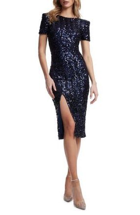 Dress The Population Natasha Sequin Sheath Midi Dress in Midnight Blue at Nordstrom Rack, Size X-Large
