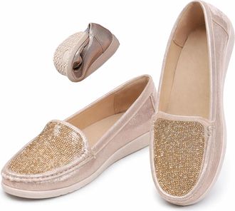 Generic Womens Comfortable Soft Flat Loafers, Rhinestone Womens Sparkly Orthopedic Loafers Wide Width Shoes Dressy Low Heel (Gold,7.5)