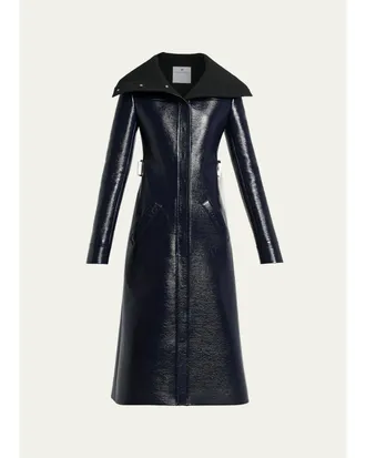 Courr&egrave;ges High-Collar Shiny Vinyl Long Trench Coat