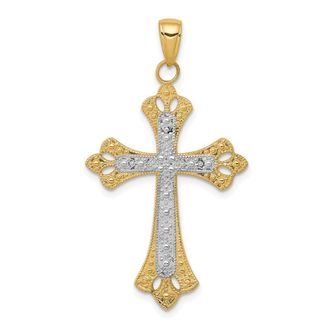 Diamond2Deal 14k Yellow Gold Rhodium Textured Cross Pendant