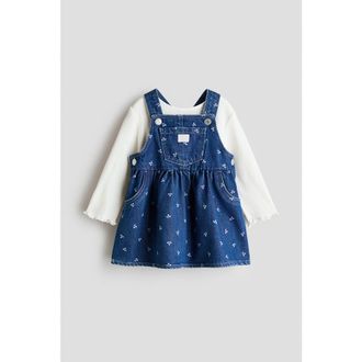 H&M 2-piece Dungaree Dress And Top Set in Dark Denim Blue/cherries at Nordstrom, Size 18M