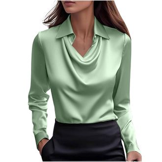 Generic Mint Green Satin Blouse for Women UK Elegant Cowl Neck Silk Party Tops Fashion Long Sleeve Office Work Shirts Casual Turndown Collar Tunic Shirt Stree