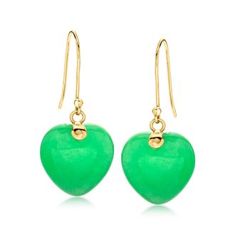 Ross-Simons Jade Heart Drop Earrings in 10kt Yellow Gold