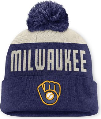 Nike Milwaukee Brewers Cooperstown Peak Nike Mens MLB Cuffed Pom Beanie in White | NB1608WUMIB-5JZ