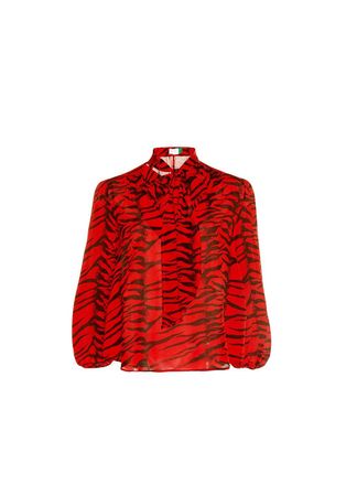 Rixo Moss Pussy-bow Tiger-print Silk-crepe Blouse Size M