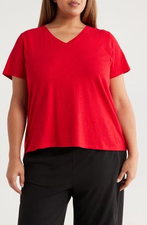 Eileen Fisher Easy V-Neck Organic Cotton T-Shirt in Crimson at Nordstrom, Size 3X