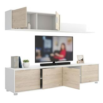 Dmora Dmora - Pared Equipada Winnie, Composici&oacute;n De La Sala De Estar, Muebles De Sal&oacute;n Multiusos, Gabinete De Tv, 200x40 H43 Cm, Blanco Y Roble