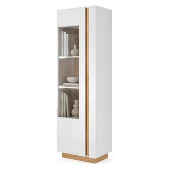 Dmora Vitrina Katito, Mueble Expositor 3 Estantes, Una Puerta, Con Led, 60x40x194h Cm Blanco Brillante