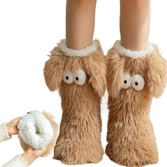 Generic Cozy Socks, Womens Winter Warm Fuzzy Non-slip Slipper Socks, with Cute Big Eyes for Indoor Winter Comfort (Coffee)