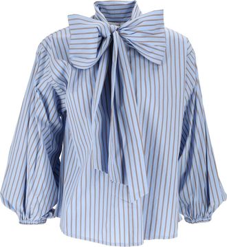 Shirt a Porter Puffed-Sleeve Striped Bow Poplin Blouse