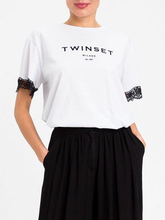 Twinset T-shirt in cotone con inserti in pizzo e logo a contrasto