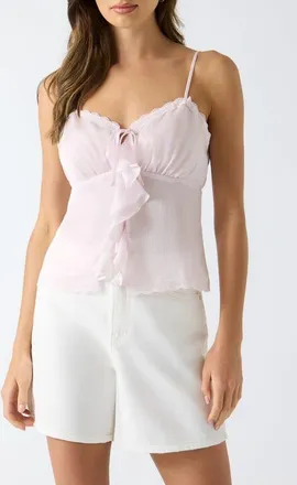 Guess Saisha Lace Trim Ruffle Crop Chiffon Babydoll Top in Light Pink at Nordstrom, Size Medium
