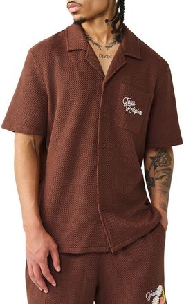 True Religion Blooms Knit Camp Shirt in Garden Brown at Nordstrom, Size Xxx-Large