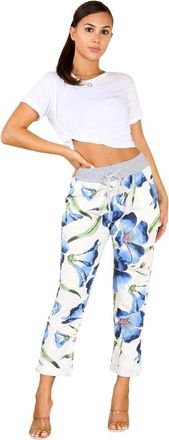 Generic Faozo Womens Italian Printed Turn Up Trouser - Ladies Floral Elasticated Waistband Causal Summer Drawstring Pant with Side Pockets Gym Running Workout