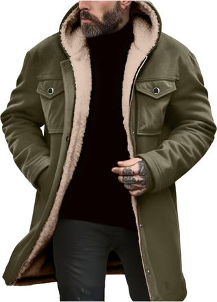 Generic Hooded Long Jacket Mens Loose Fit Solid Color Winter Sherpa Warm Jackets Fleece Lined Insulated Coat Long Sleeved Chunky Padded Coats with Cargo Pocke