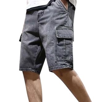 Generic Denim Shorts Mens Multi Pockets Cargo Jeans Straight-Fit Breathable Stretch Denims Short Solid Color Lightweight Half Pants Classic Casual Halfpants S