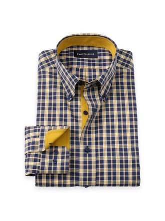 Paul Fredrick Slim Fit Comfort Stretch Non-iron Check Dress Shirt With Contrast Trim