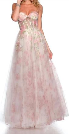 Dave & Johnny Strapless Printed Tulle Ballgown In Print / Pink