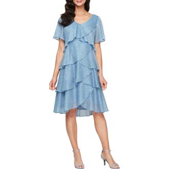 S.L. Fashions Tiered Shimmer Metallic Flutter Sleeve Dress in Hydrangea at Nordstrom, Size 16
