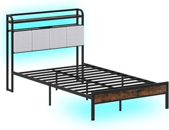 Costway Double Size Bed Frame w/ led Light & Charging Station-Brown - Costway