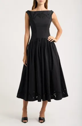 House of CB Lauren Embroidered Cotton Blend Midi Cocktail Dress in Black at Nordstrom, Size X-Small