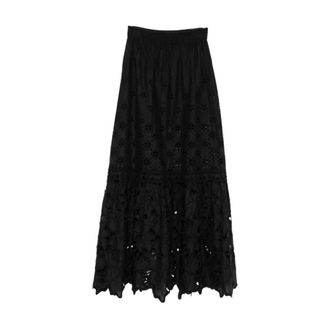 Ermanno Scervino Rokken, Dames, Zwart, M, Katoen, Maxirok met broderie anglaise en gegolfde zoom