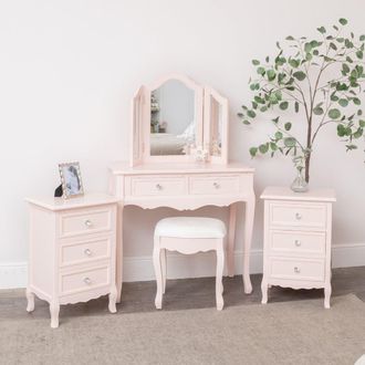 Melody Maison Pink Dressing Table, Mirror, Stool & Pair Bedside Tables - Sophia Pink Range in Light Pink