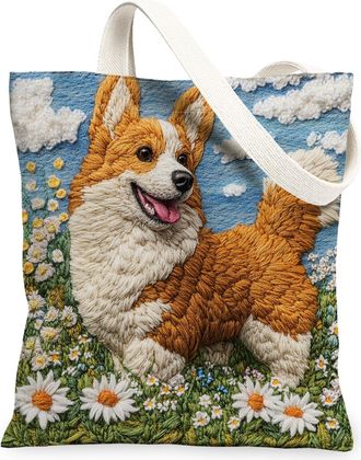 Generic Spring Corgi Dog Canvas Tote Bag for Shopping 13x15, Knitting Style Garden Puppy Reusable Grocery Print Pattern Bag for Women, Fun Pet Beach Aesthetic