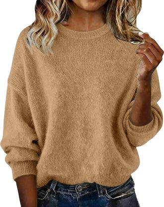 Generic Cashmere Jumpers Ladies,Oversized Crew Neck Womens Jumper,Lightweight Thermal Solid Color Loose Fit Casual Womens Sweaters,Autumn Winter Daily Work Tr
