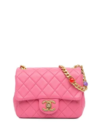 Chanel 2021 kleine Square Lambskin Pearl Samba Flap crossbodytas - Roze