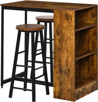 HOMCOM 3 Pieces Bar Table Set Pub Dining Table with Storage Shelf 2 Stools