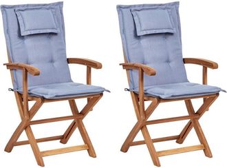 Beliani Conjunto De 2 Sillas De Comedor De Jard&iacute;n De Madera De Acacia Clara Plegables Con Cojines Azules Maui Ii