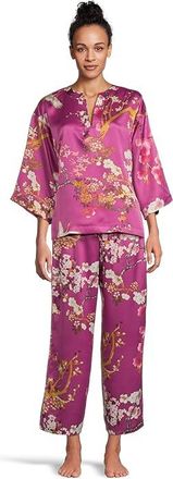 N by Natori Sakura - Satin Mandarin Collar Pajama Set Womens Pajama Sets Magenta : L (Womens 14-16), Polyester/Spandex