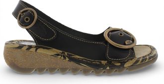 FLY London Fly London Womens TRAM723FLY Black Leather Wedge Sandals