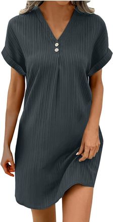 Generic my orders deal of the day Summer Dresses for Women Uk Fashion Solid Color Button Mini Dress Casual V Neck Short Dress Loose Fit Short Sleeve Sport cas