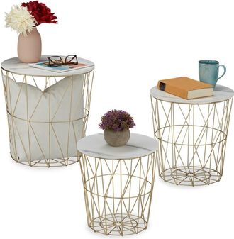 Relaxdays Set da 3 Tavolini da Salotto, Rotondi, Tavoli da Divano, Metallo, Look Marmo, 3 Misure, Design Cestino, Bianco - Relaxdays