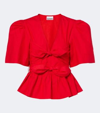 Ganni Blusa de popel&iacute;n de algod&oacute;n con lazo