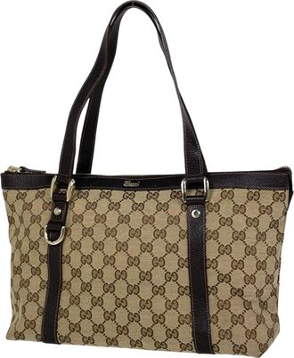 Gucci Abbey Beige Brown Gg Canvas Leather Shoulder Bag Tote Bag (Pre-Owned)