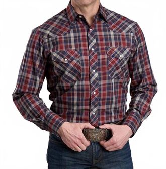 Roper Mens Button Down Plaid Long Sleeve Shirt In Navy/wine/tan