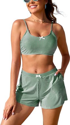 SHEKINI Women Two Piece Bikini Set with Pockets High Wasited Swimwear Shorts Bow Ties Striped Bathing Suit Cute Swimsuit, Green, Medium