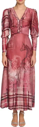 Marchesa Wild Heart Tartan Printed Midi Dress