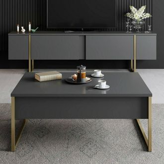 Dmora Set De Muebles Para Sal&oacute;n Mornasco, Modular, 2 Puertas, 2 Compartimentos, Negro Antracita