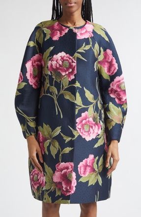 Carolina Herrera Peony Jacquard Cocoon Coat in Midnight Multi at Nordstrom, Size 10