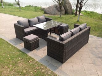 Fimous 8 Seater Lounge Rattan Sofa Set Dining Table Stools Outdoor Garden Furniture in Dark Grey