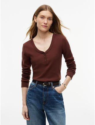 Tommy Hilfiger Womens Gold-Button Rib-Knit Henley - Pure Brown - XXL