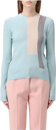 Fendi Round-neck Knitwear, female, Blue, Size: S Colorblock Knit Sweater