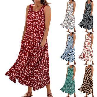 Generic UK Wedding Outfits Casual Flowy Loose Floral Print Crew Neck Sleeveless Dresses Maxi Tank Dress with Pockets Size Maxi Dress (Wine, XXL)