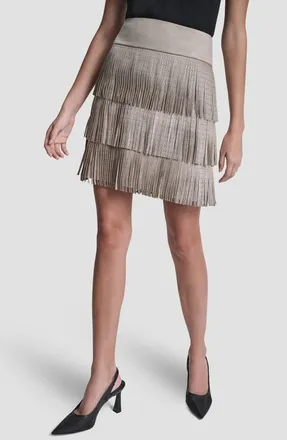 DKNY Studded Fringe Faux Suede Miniskirt in Pebble at Nordstrom, Size Xx-Small