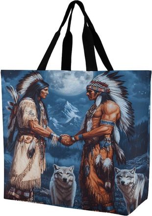 Generic Native Chiefs Wolf And Moon Reusable Shopping Bags Large Capacity Grocery Bag Heavy Duty Tote for Women 40x40x16cm